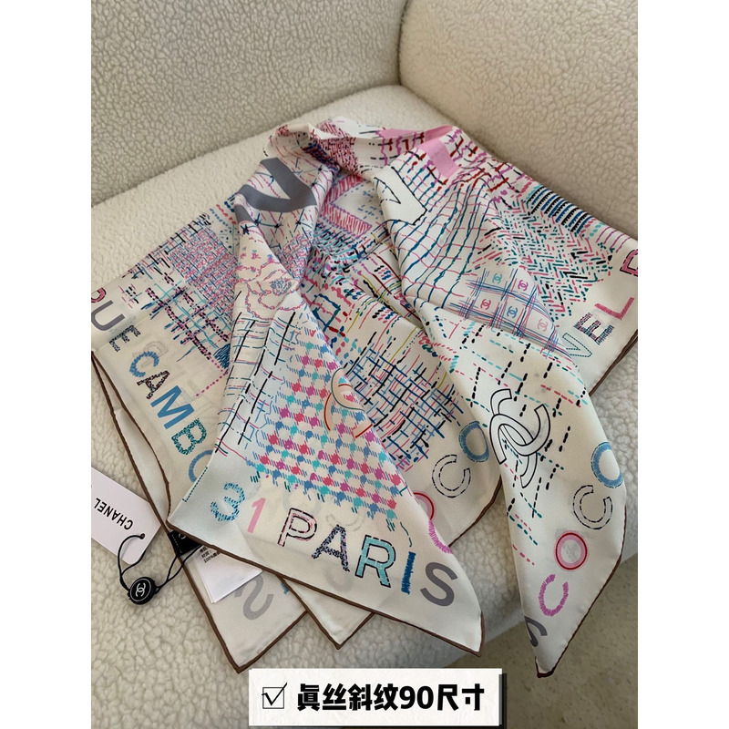 Ch*el silk scarf multicolor white
