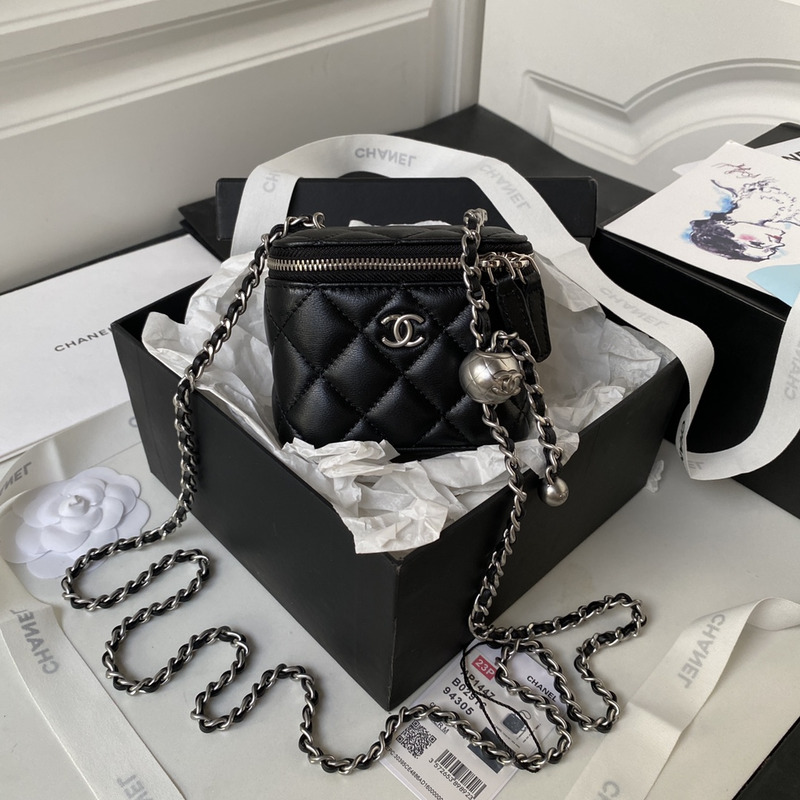 Ch*el  rhombus sheepskin leather chain shoulder silver buckle chain belt shoulder bag black