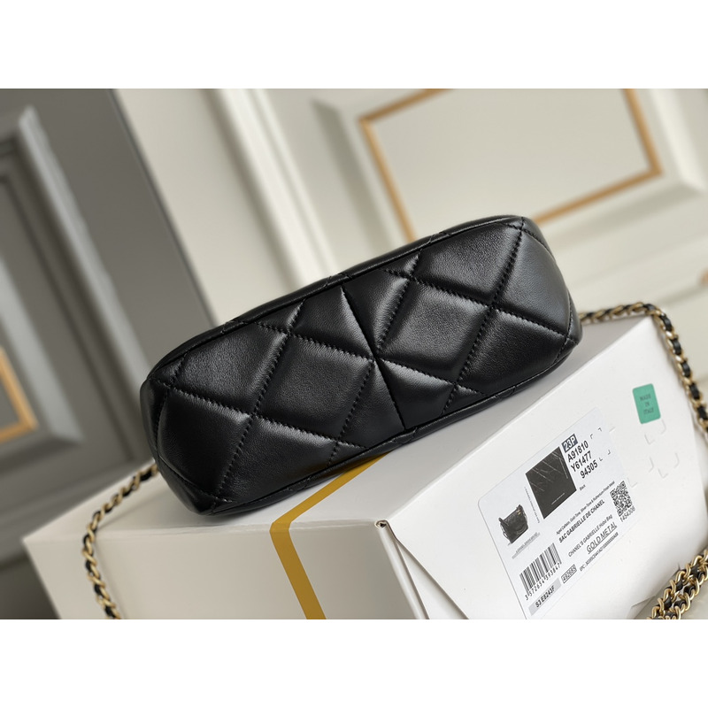 Ch*el small hobo bag grained shiny calfskin & gold-tone metal black