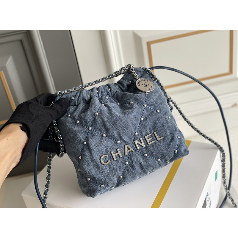 Ch*el 22 small handbag washed denim & silver-tone metal blue