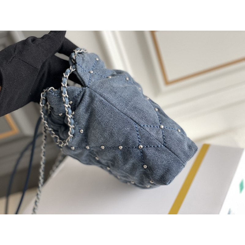Ch*el 22 small handbag washed denim & silver-tone metal blue