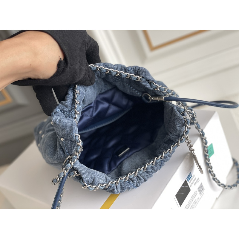Ch*el 22 small handbag washed denim & silver-tone metal blue