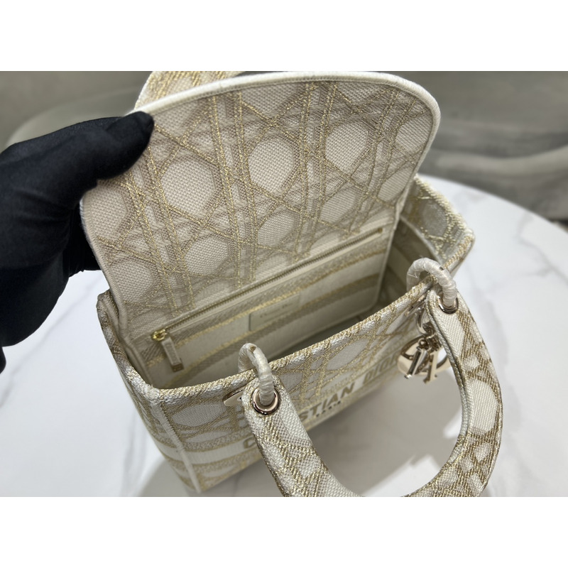 D*or medium lady d-lite bag  white and gold-tone macrocannage embroidery