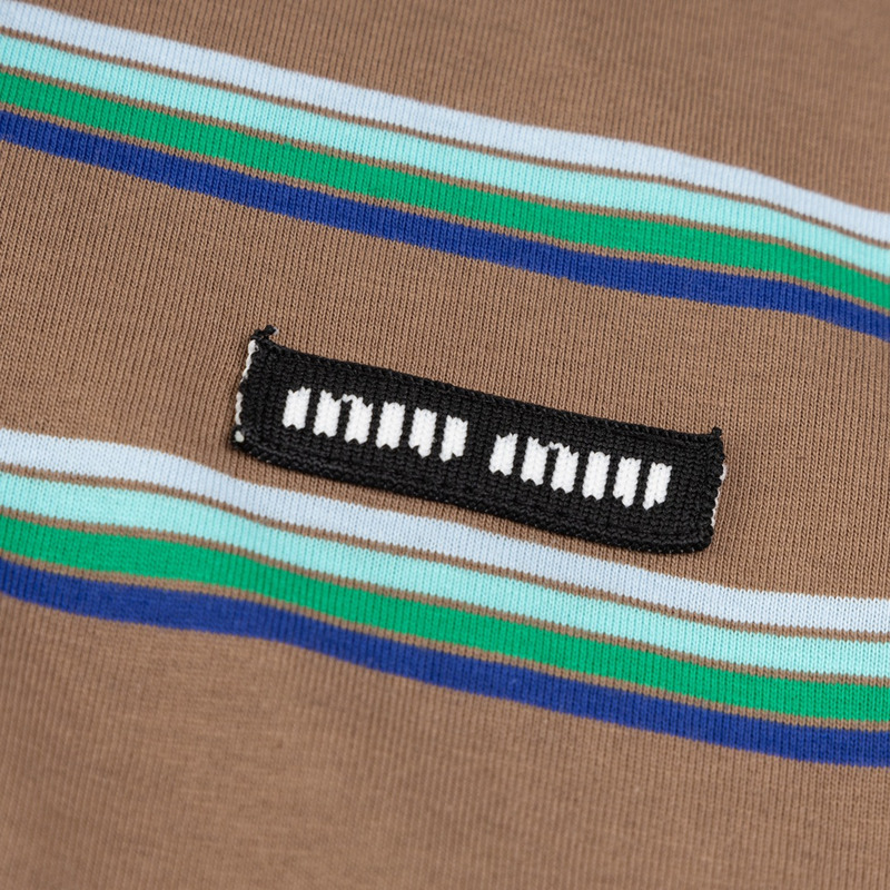 Miu Miu Jersey Polo Shirt Stripes Long-sleeved Cotton Brown