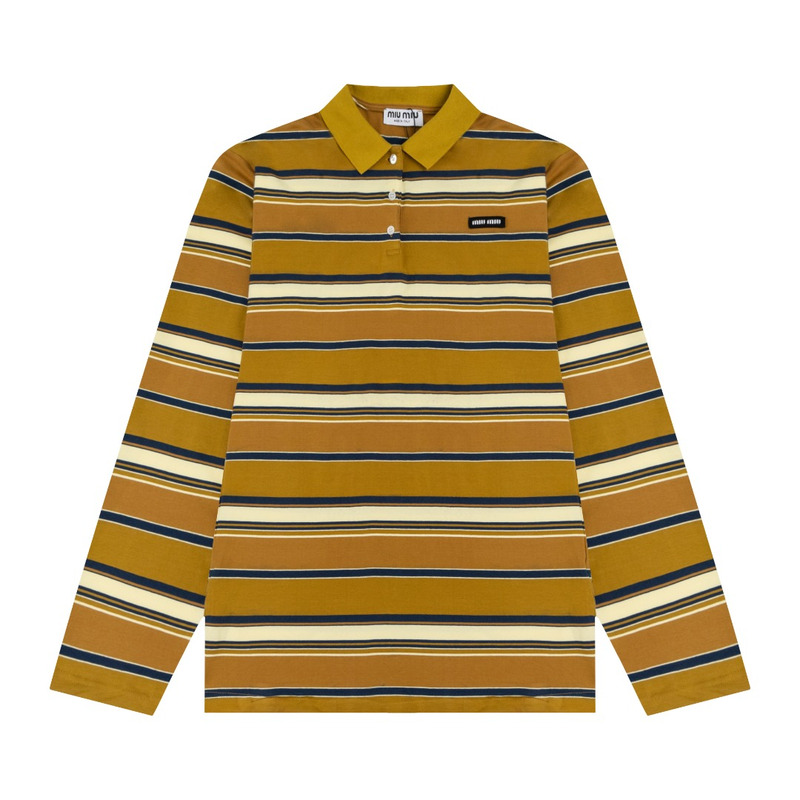 Miu Miu Jersey Polo Shirt Stripes Cotton Mustard