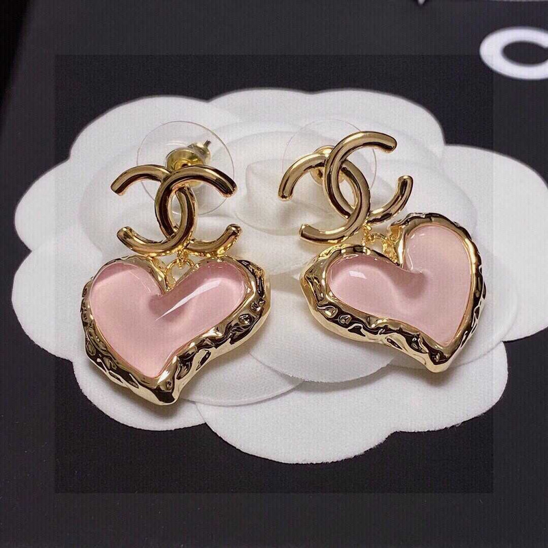 Ch*el love rhinestone earrings gold logo pink
