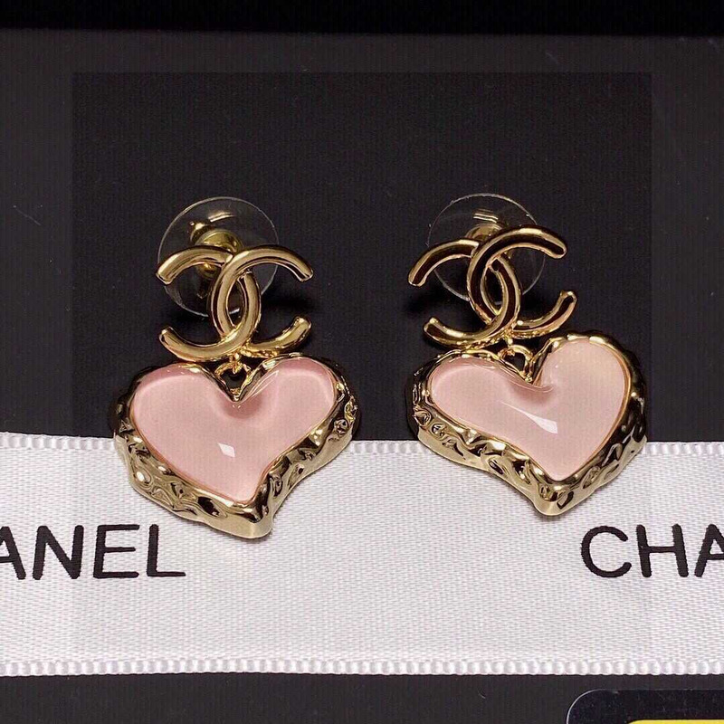 Ch*el love rhinestone earrings gold logo pink