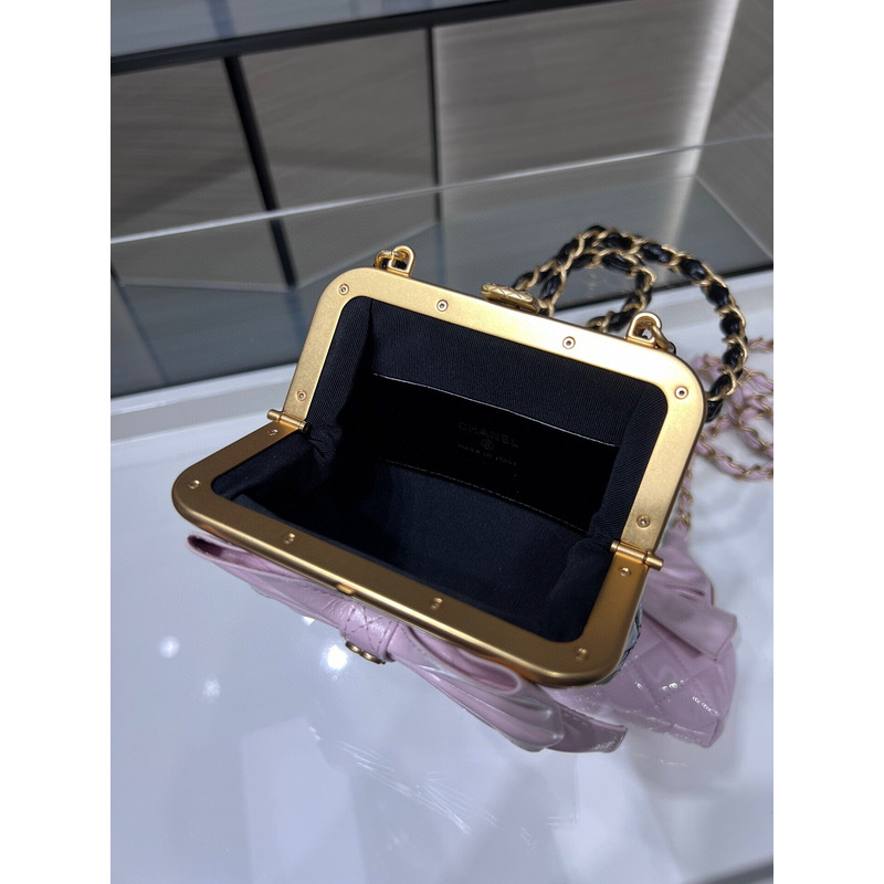 Ch*el clutch with chain gold-tone metal black & pink