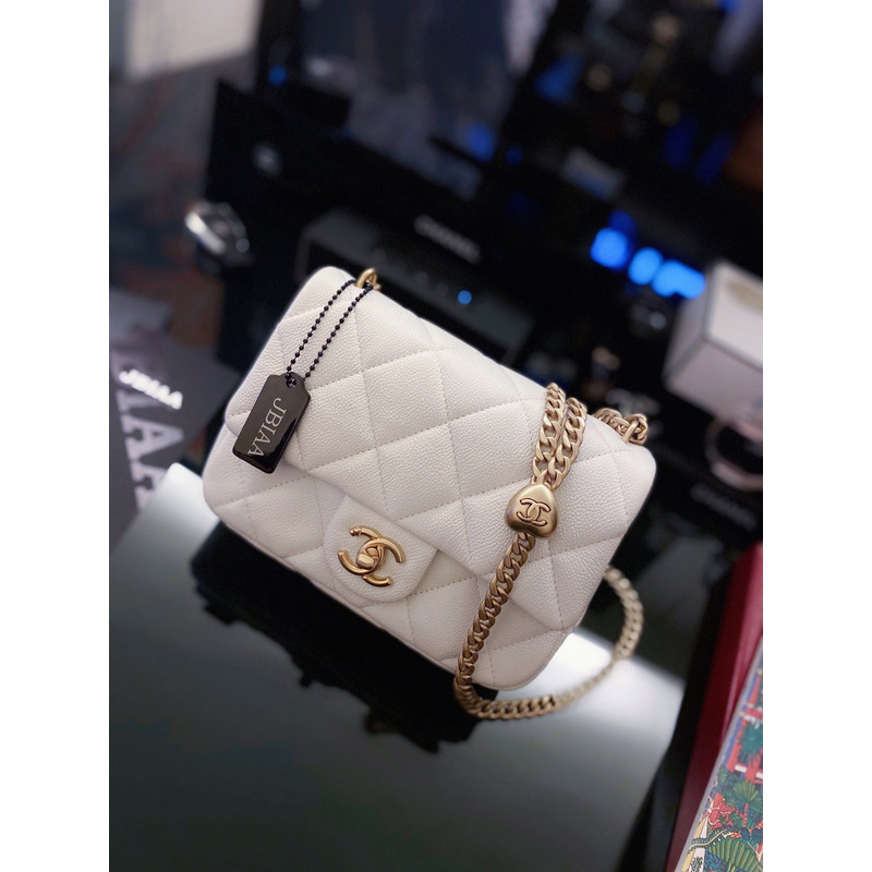 Ch*el flap bag cavair gold-toned hardware white