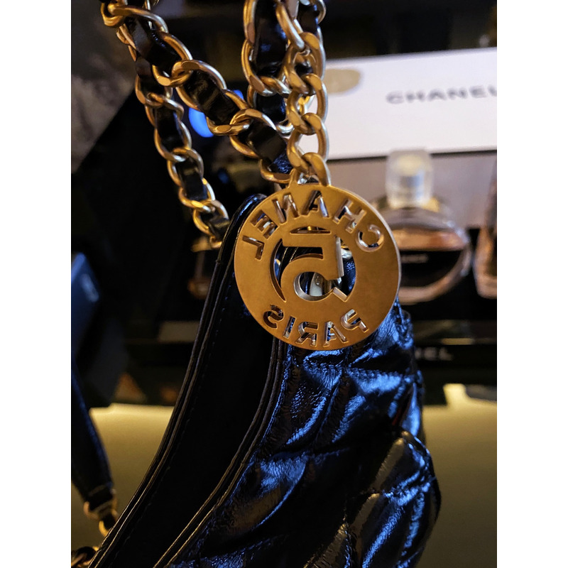 Ch*el shiny crumpled calfskin & gold-tone metal black