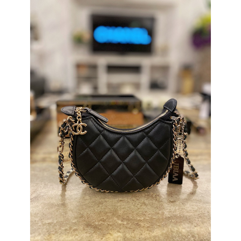 Ch*el small hobo chain shoulder bag calfskin black