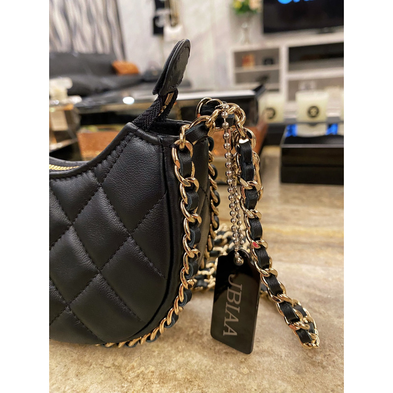 Ch*el small hobo chain shoulder bag calfskin black
