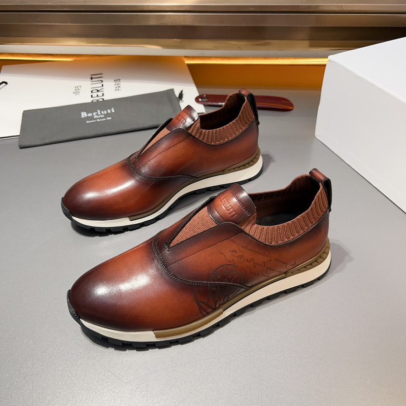 Berluti Fast Track Scritto Leather And Knit Slip-On Sneaker