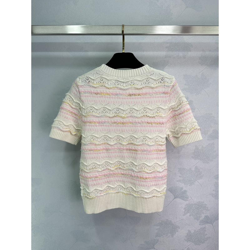 Ch*el logo knitted hollow short sleeve white&pink