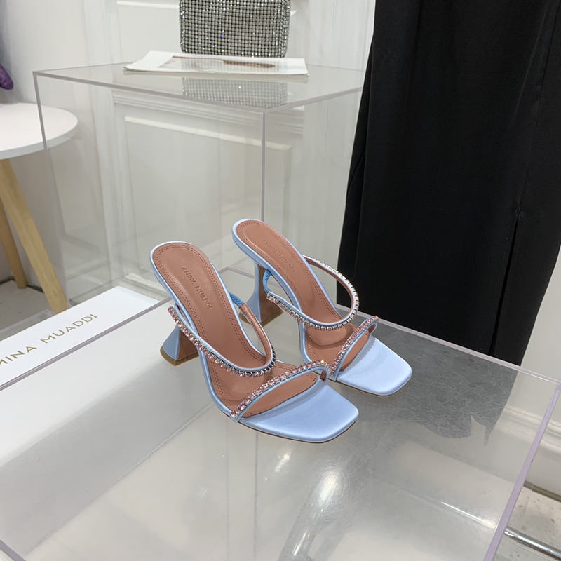 Amina Muaddi Gilda Slipper Blue and Pink Crystals