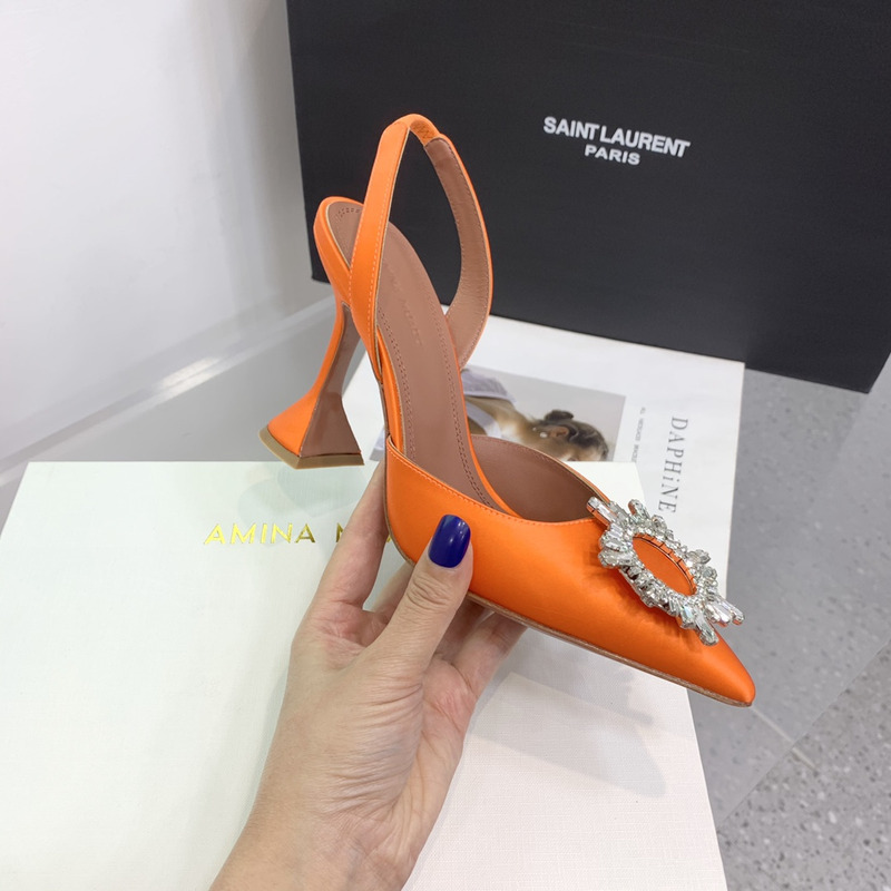 Amina Muaddi Begum Crystal Satin Slingback Pumps Orange