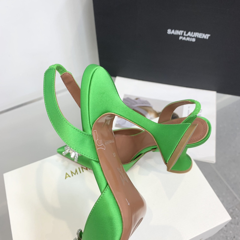 Amina Muaddi Begum Crystal Satin Slingback Pumps Bright Green