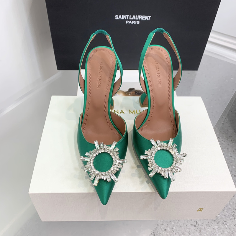 Amina Muaddi  Begum Sling Silver Mirror Dark Green