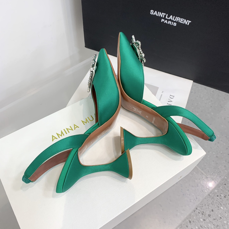 Amina Muaddi  Begum Sling Silver Mirror Dark Green