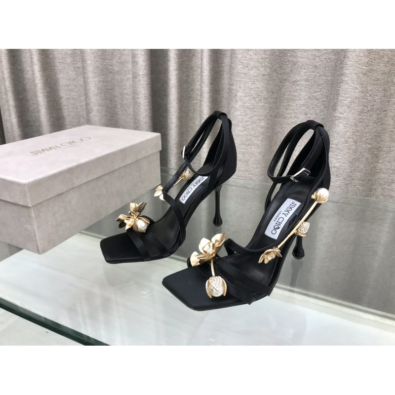 Jimmy Choo Zea 95 Black Satin Sandals with Metal Flowers