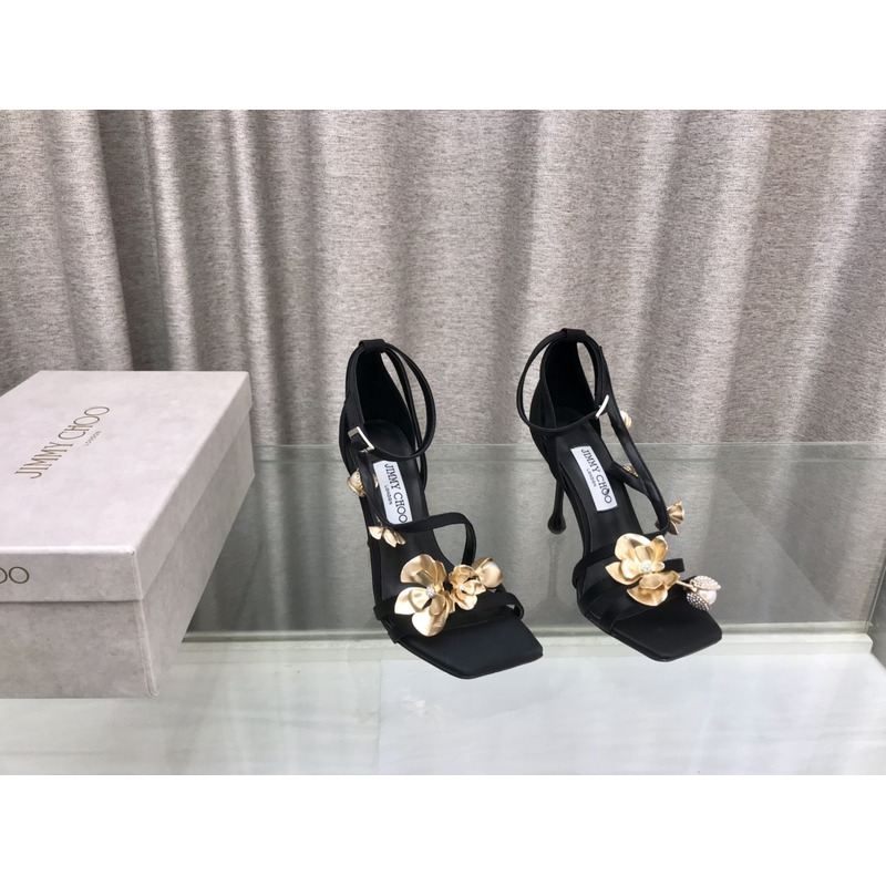 Jimmy Choo Zea 95 Black Satin Sandals with Metal Flowers