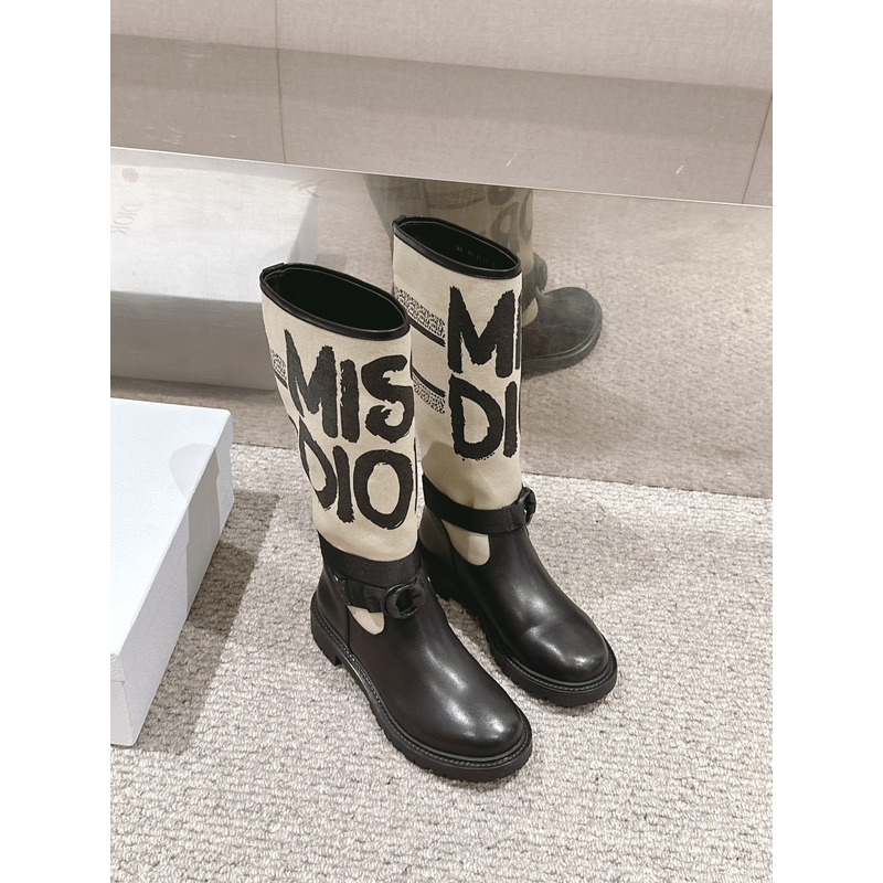 D*or d-major boot warm taupe technical canvas with black miss D*or graffiti print and black calfskin