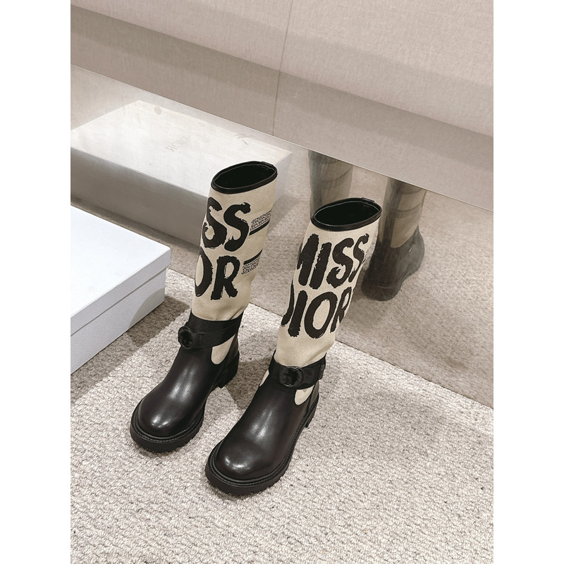 D*or d-major boot warm taupe technical canvas with black miss D*or graffiti print and black calfskin