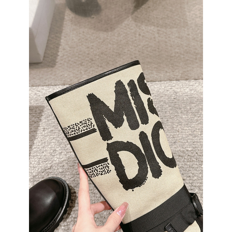 D*or d-major boot warm taupe technical canvas with black miss D*or graffiti print and black calfskin