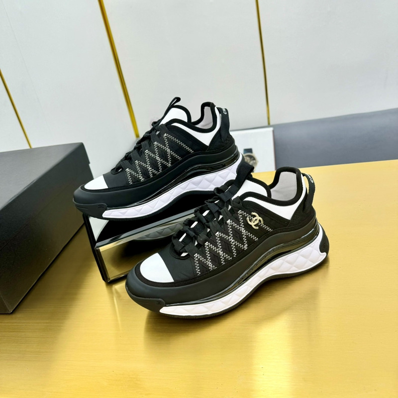 Ch*el sneakers silk cowhide & tarps black&white