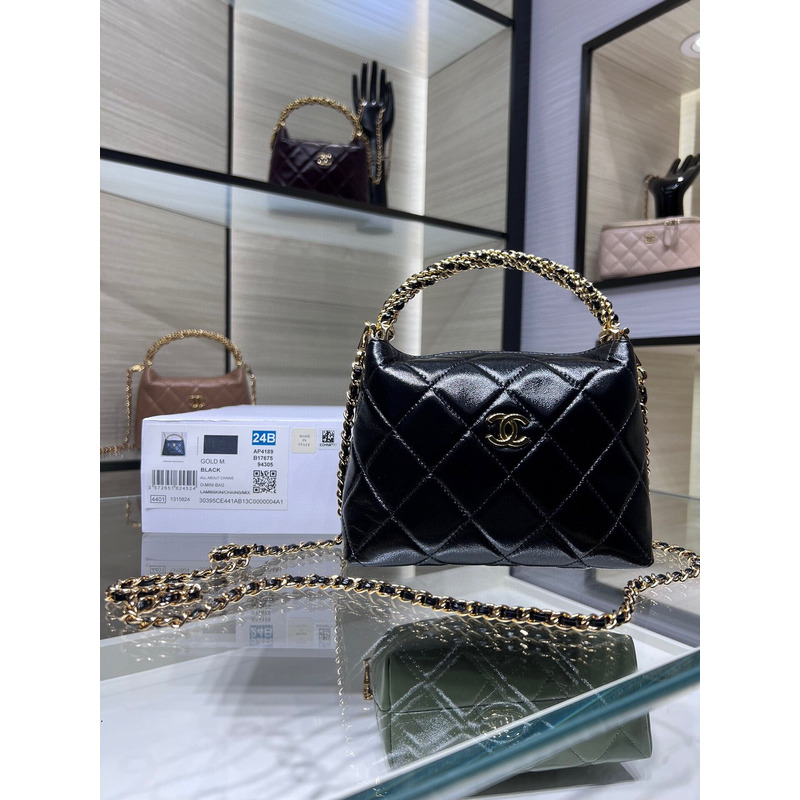 Ch*el clutch with chain shiny lambskin & gold-tone metal black