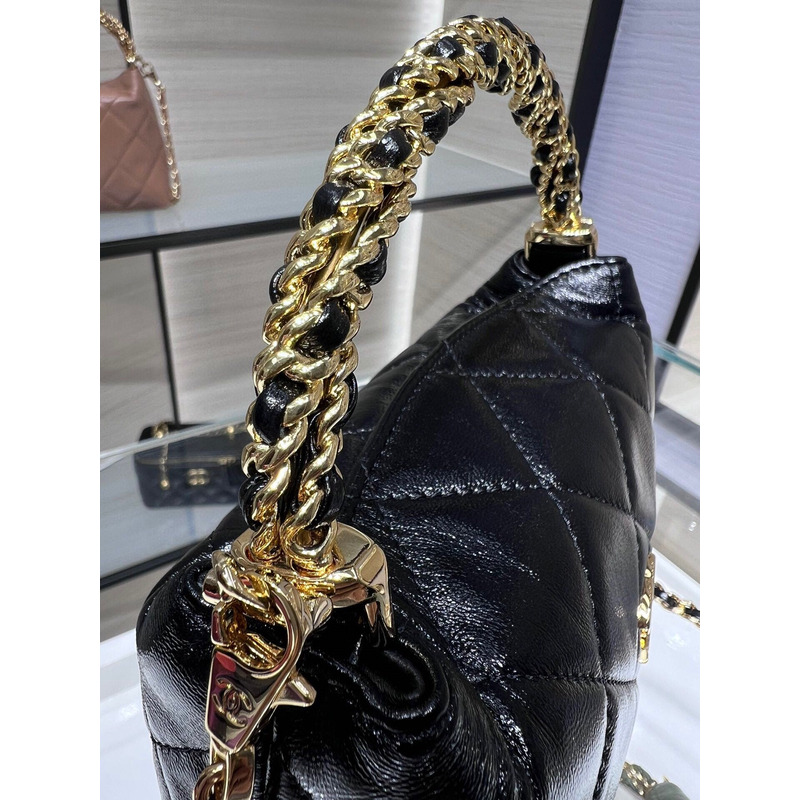 Ch*el clutch with chain shiny lambskin & gold-tone metal black
