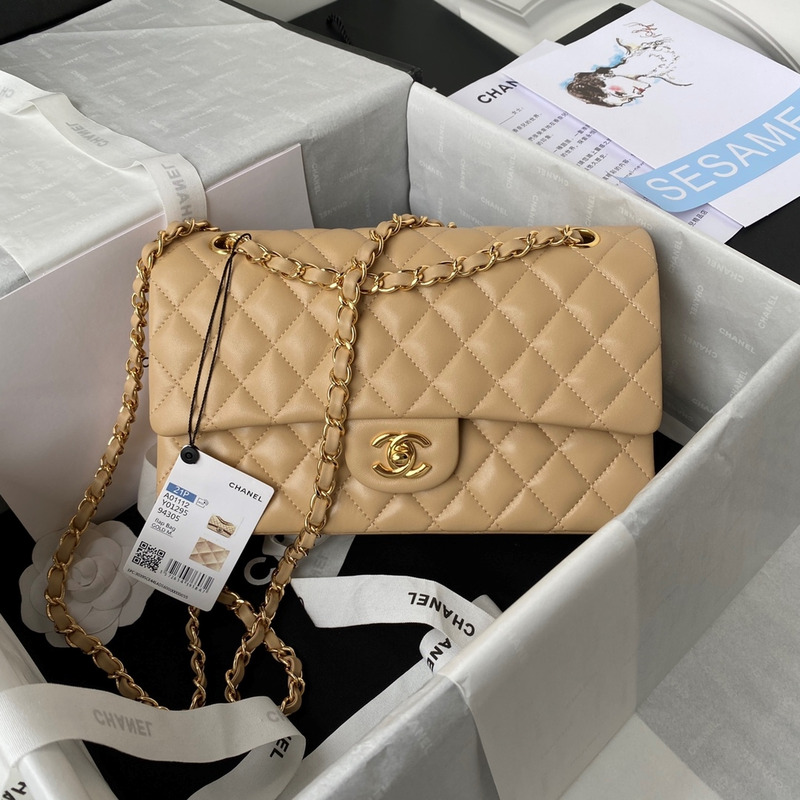Ch*el medium lambskin gold classic flap bag beige