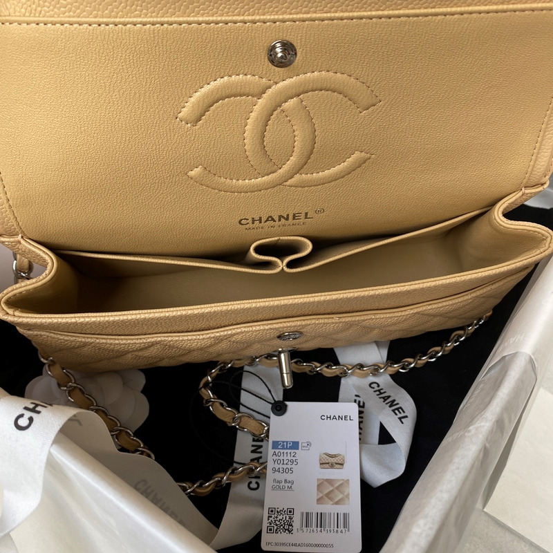 Ch*el medium caviar silver classic flap bag beige