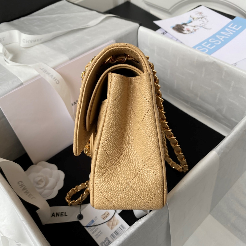 Ch*el medium caviar gold classic flap bag beige