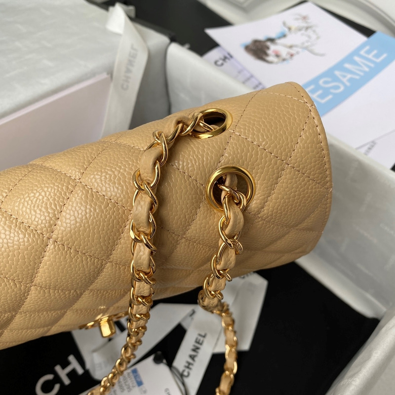 Ch*el medium caviar gold classic flap bag beige