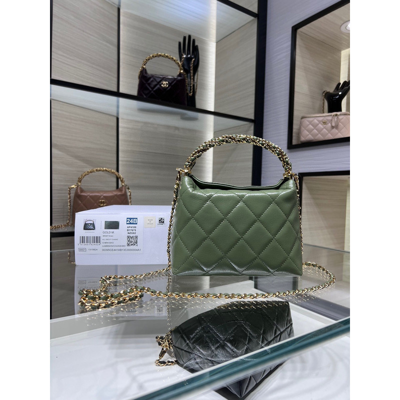 Ch*el rotating handle chain lunch box bag oil wax leather in green