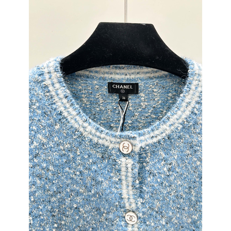 Ch*el logo long sleeve cardigan sweater in blue