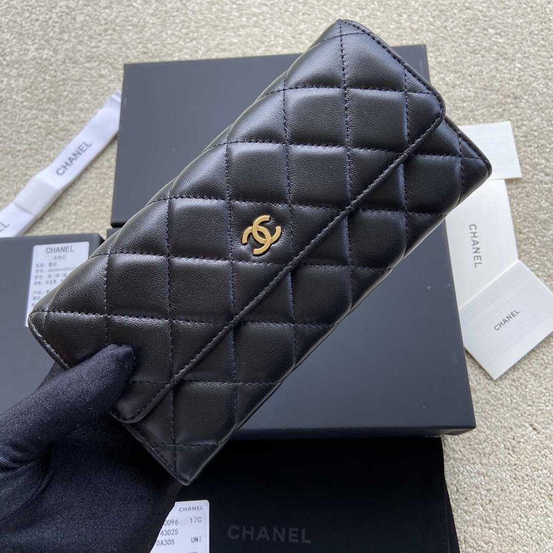 Ch*el quilted leather long wallet black