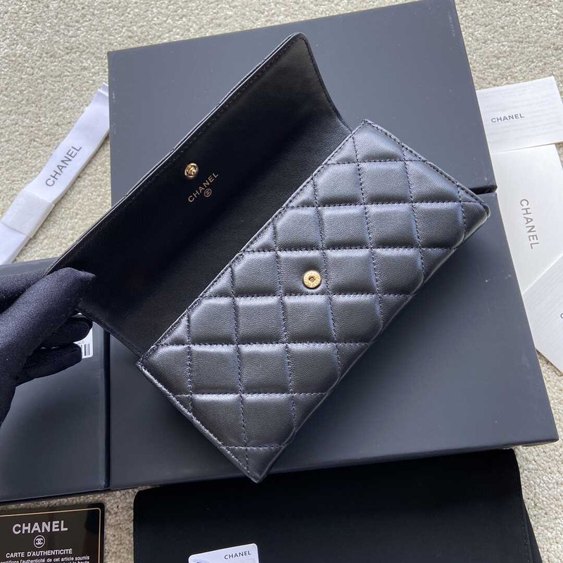 Ch*el quilted leather long wallet black