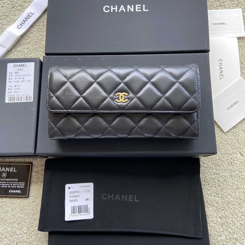 Ch*el quilted leather long wallet black