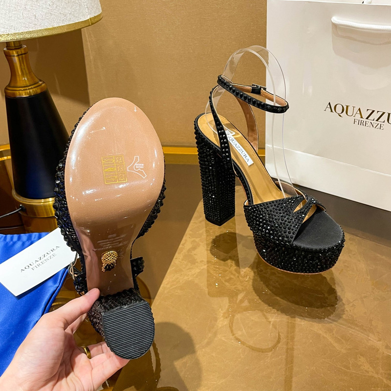 Aquazzura Sinner Crystal Plateau Satin Sandals Black