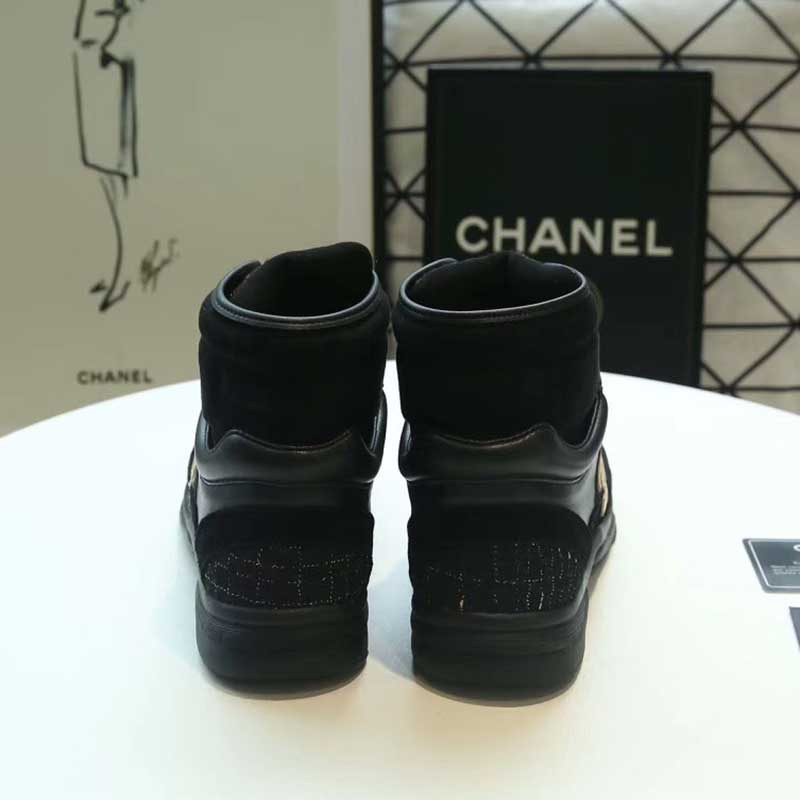Ch*el gold logo satin high top sneakers in black
