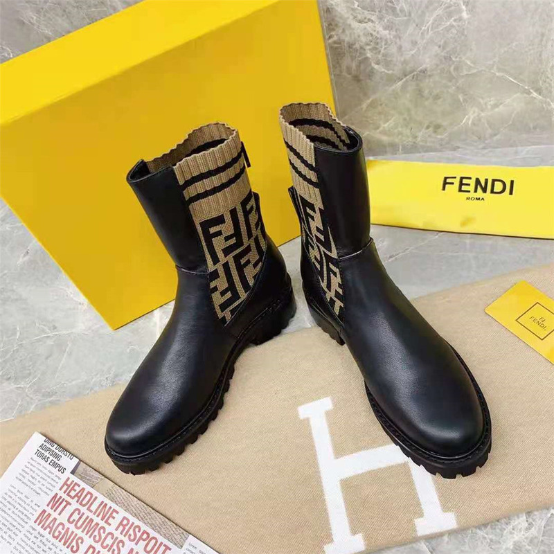 F**di black leather biker boots with ff motif sock leg