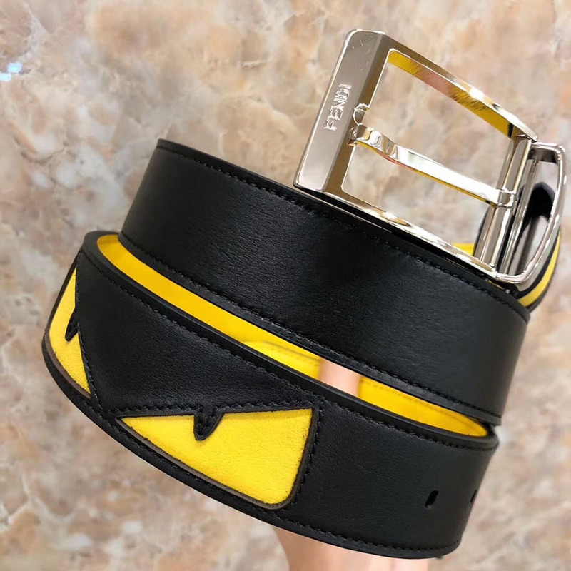 F**di black and yellow leather belt with bag bugs eyes