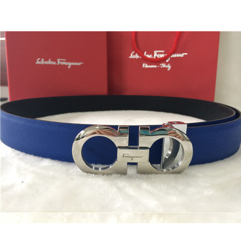 Ferragamo Salvatore Reversible and Adjustable Belt Navy Blue Silver Buckle