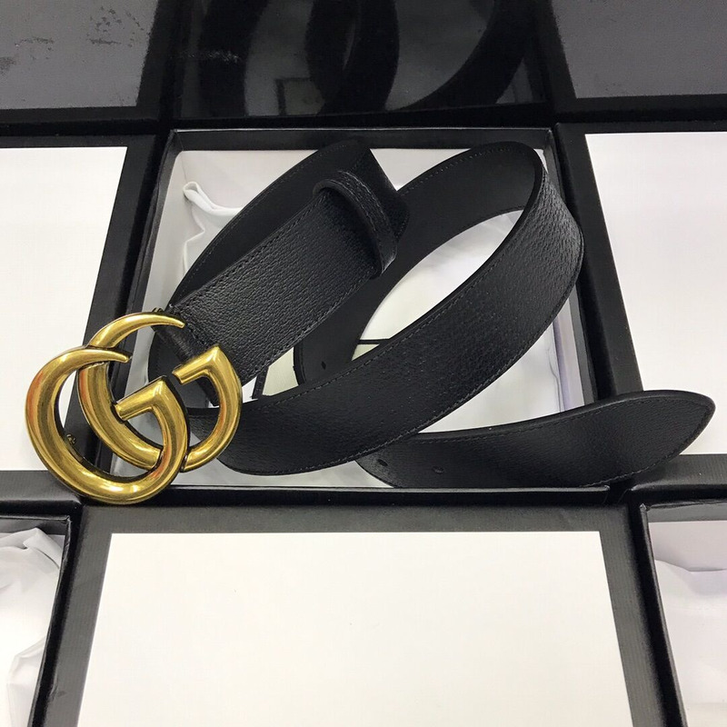 G*u*i leather black belt with double g golden buckle