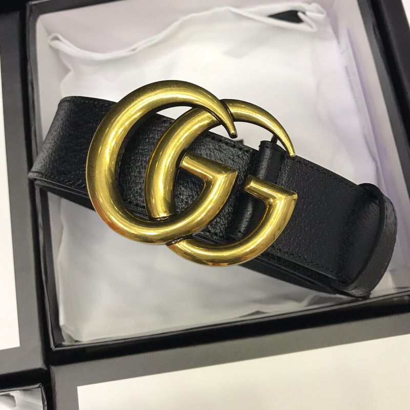 G*u*i leather black belt with double g golden buckle