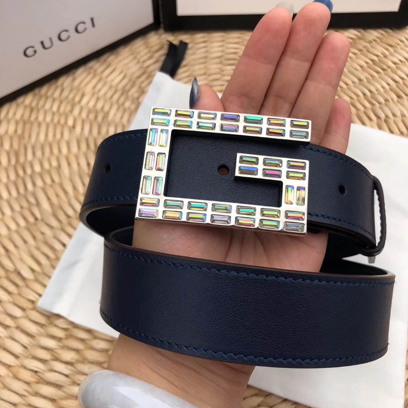 leather belt with square G*u*i buckle in blue