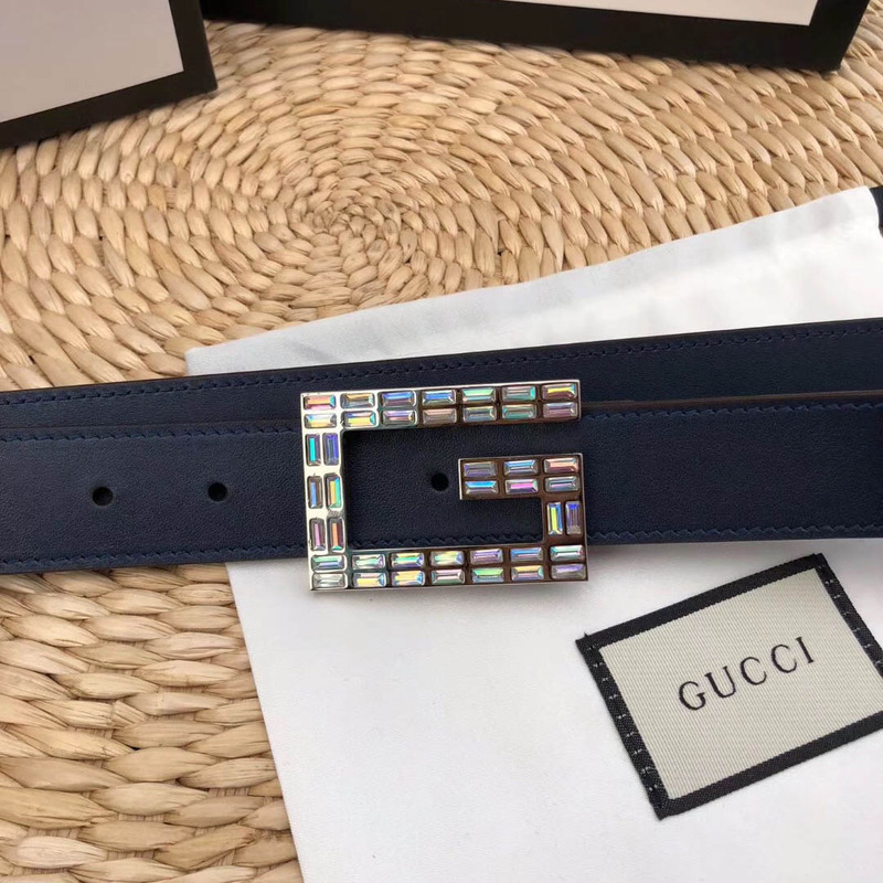 leather belt with square G*u*i buckle in blue